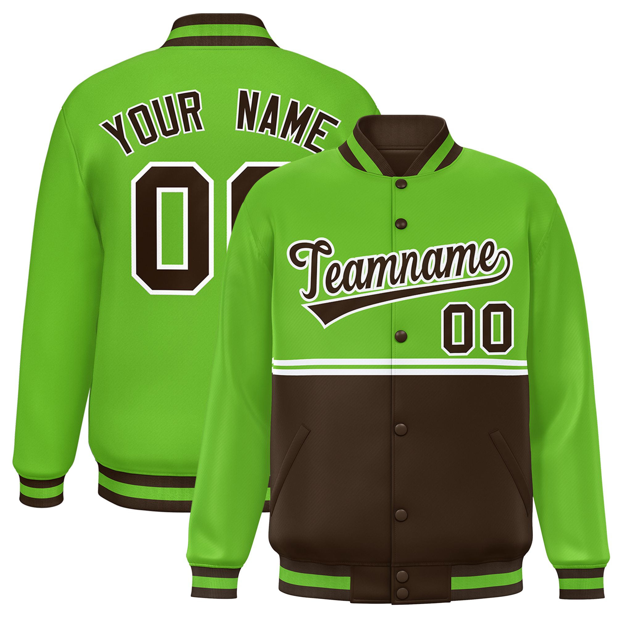 Custom Green Brown Varsity Full-Snap Color Block Letterman Jacket