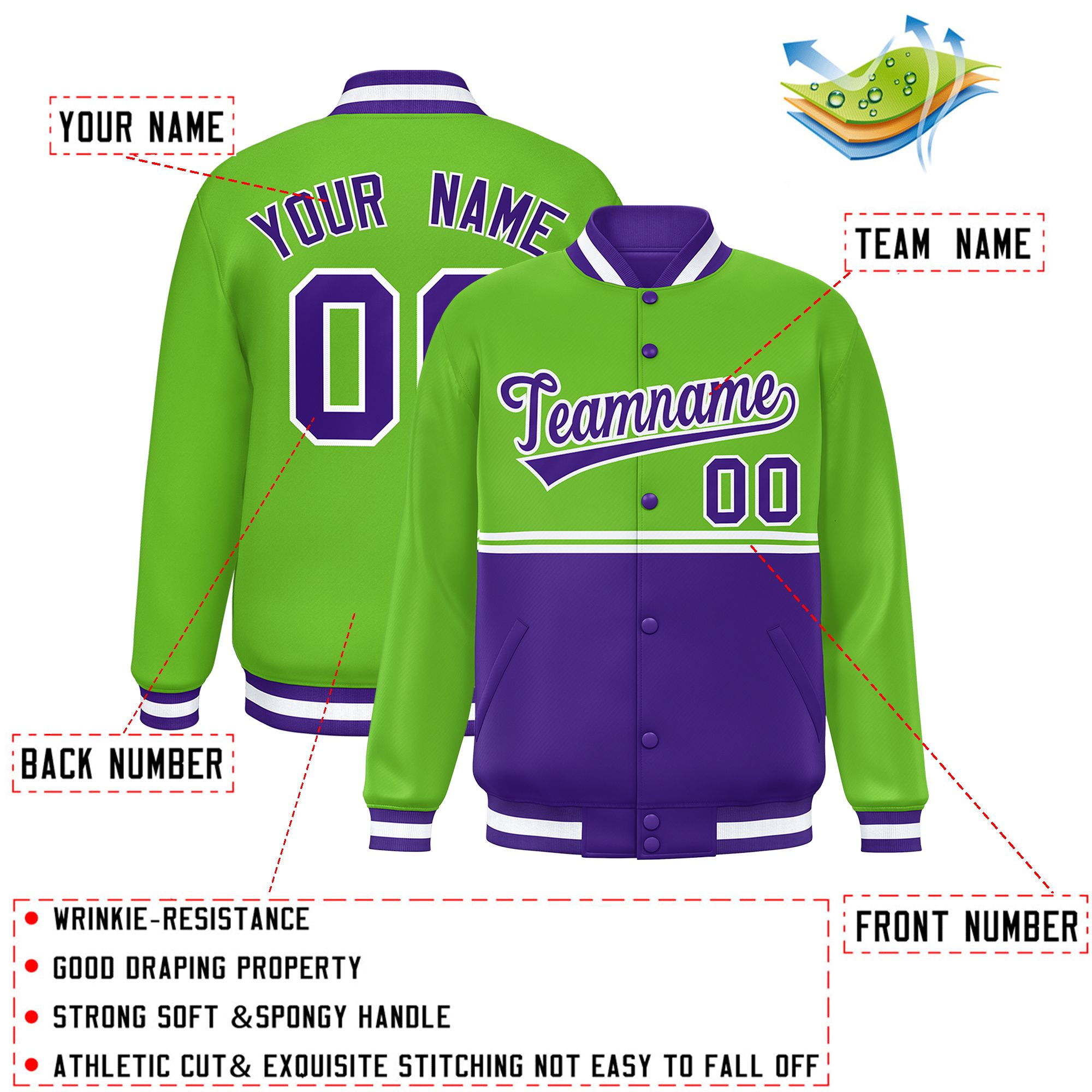 Custom Green Purple Varsity Full-Snap Color Block Letterman Jacket