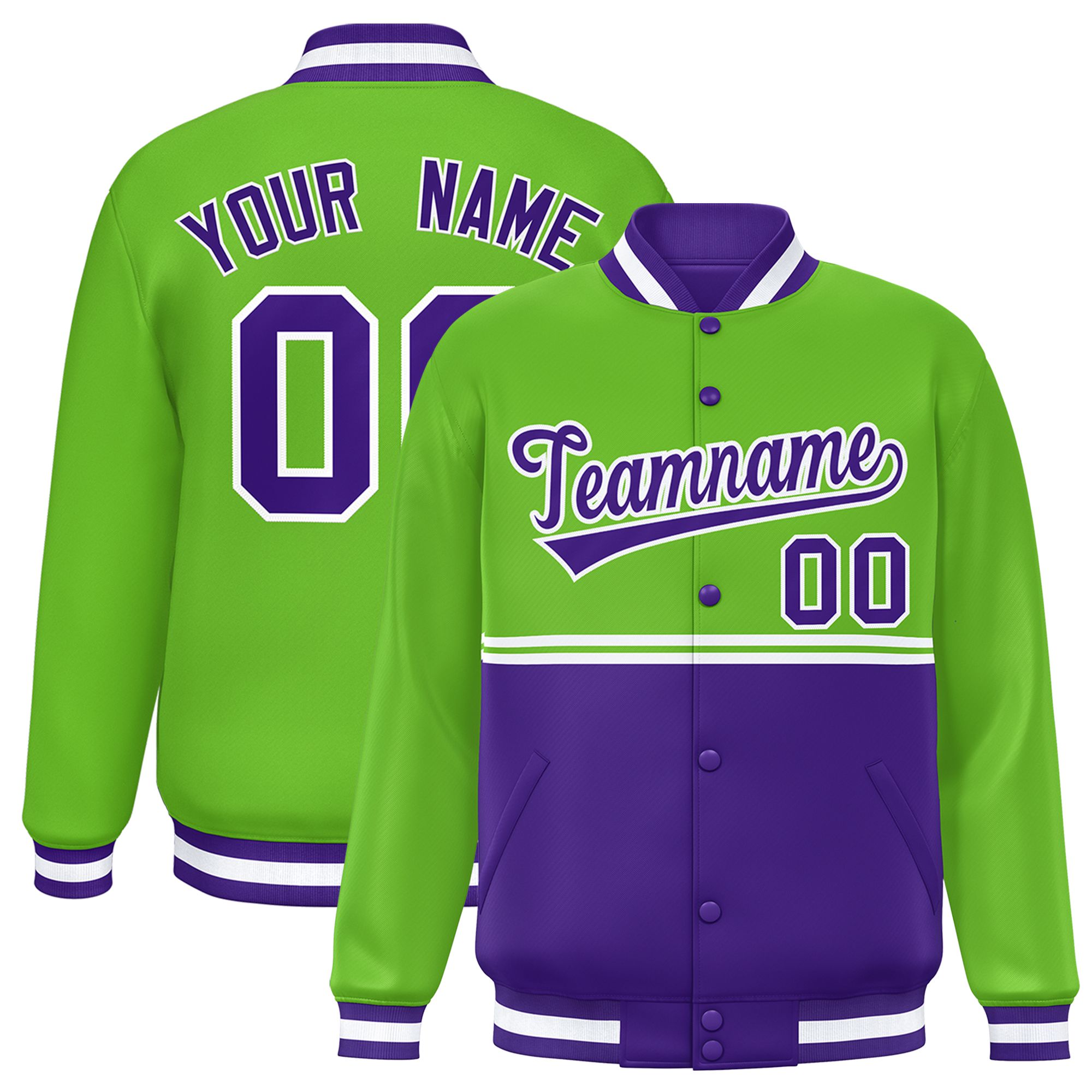 Custom Green Purple Varsity Full-Snap Color Block Letterman Jacket