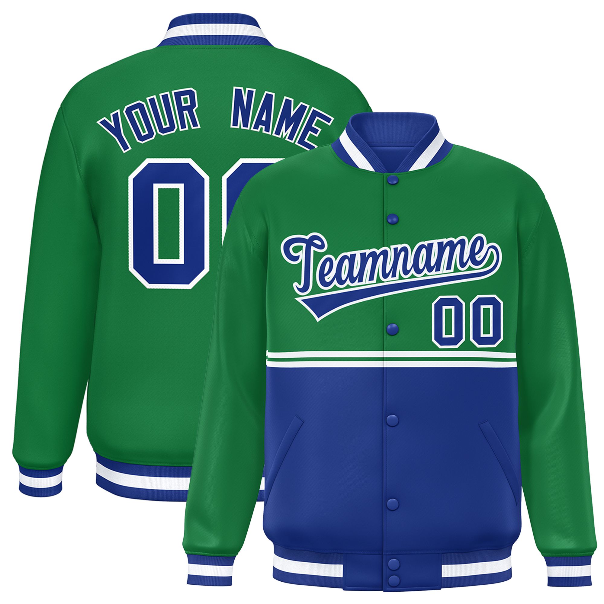 Custom Kelly Green Royal Varsity Full-Snap Color Block Letterman Jacket