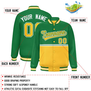 Custom Kelly Green Gold Varsity Full-Snap Color Block Letterman Jacket