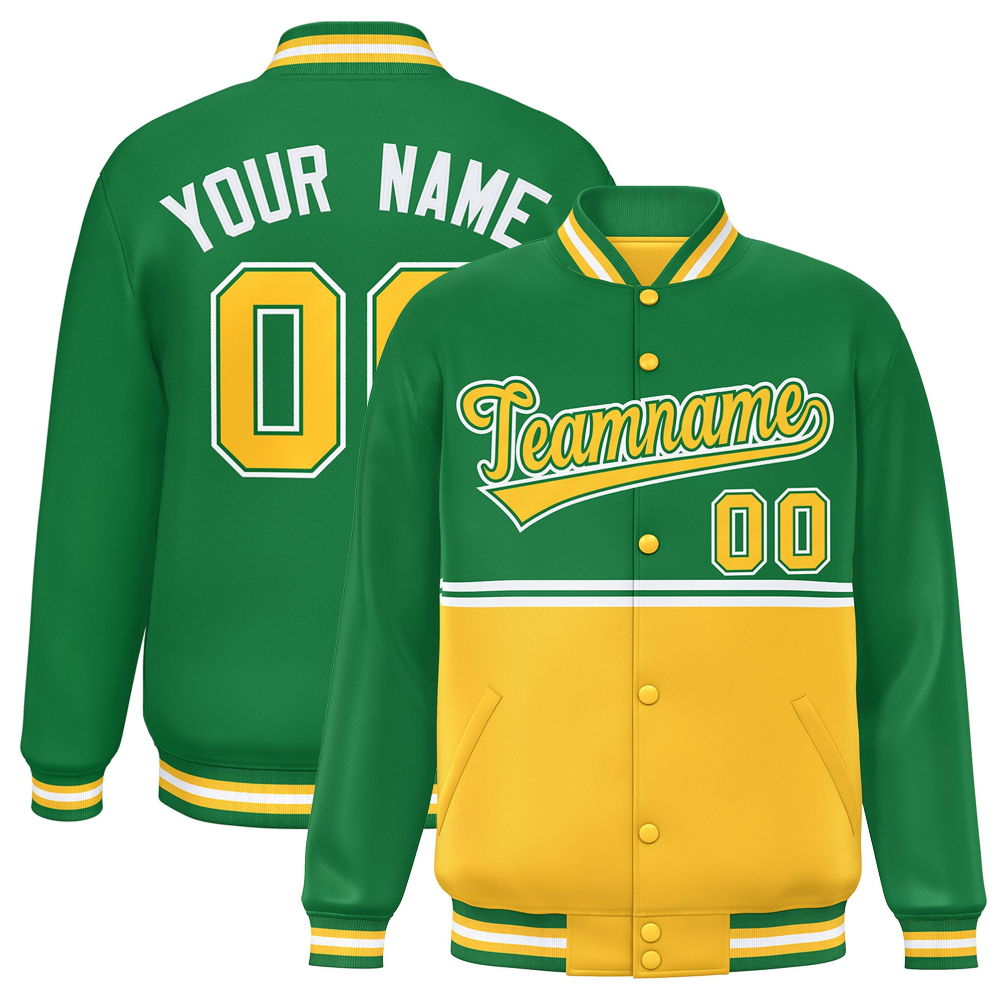 Custom Kelly Green Gold Varsity Full-Snap Color Block Letterman Jacket