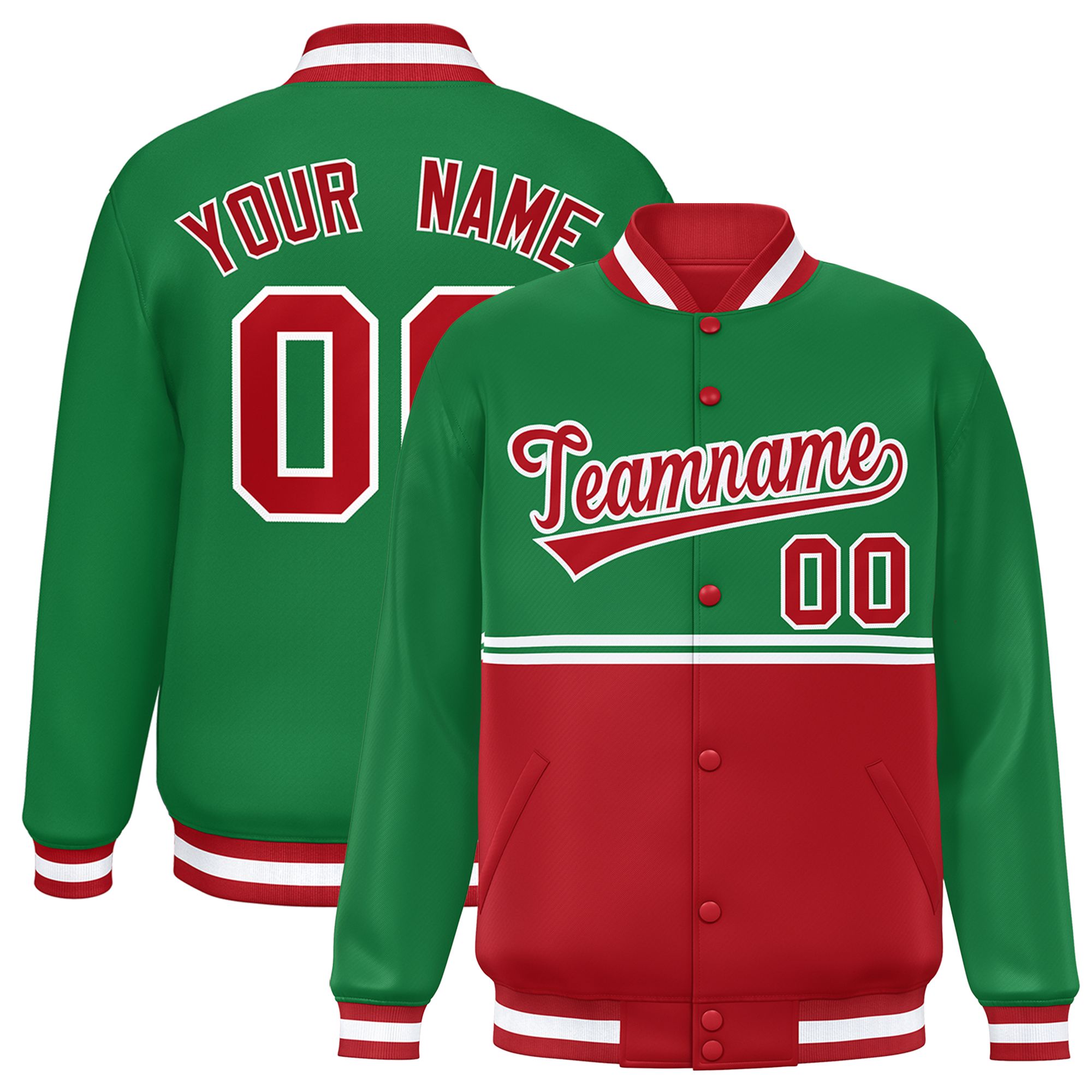 Custom Kelly Green Red Varsity Full-Snap Color Block Letterman Jacket