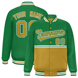 Custom Kelly Green Old Gold Varsity Full-Snap Color Block Letterman Jacket