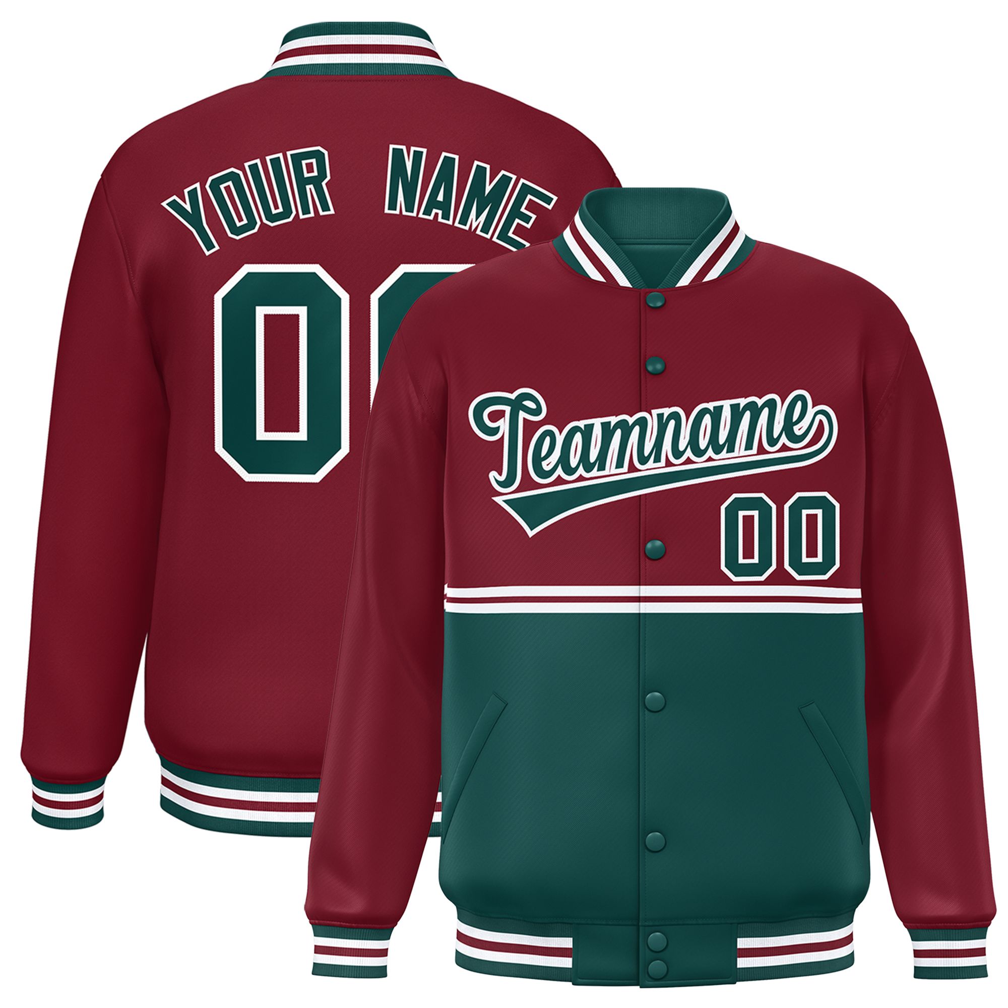 Custom Crimson Midnight Green Varsity Full-Snap Color Block Letterman Jacket