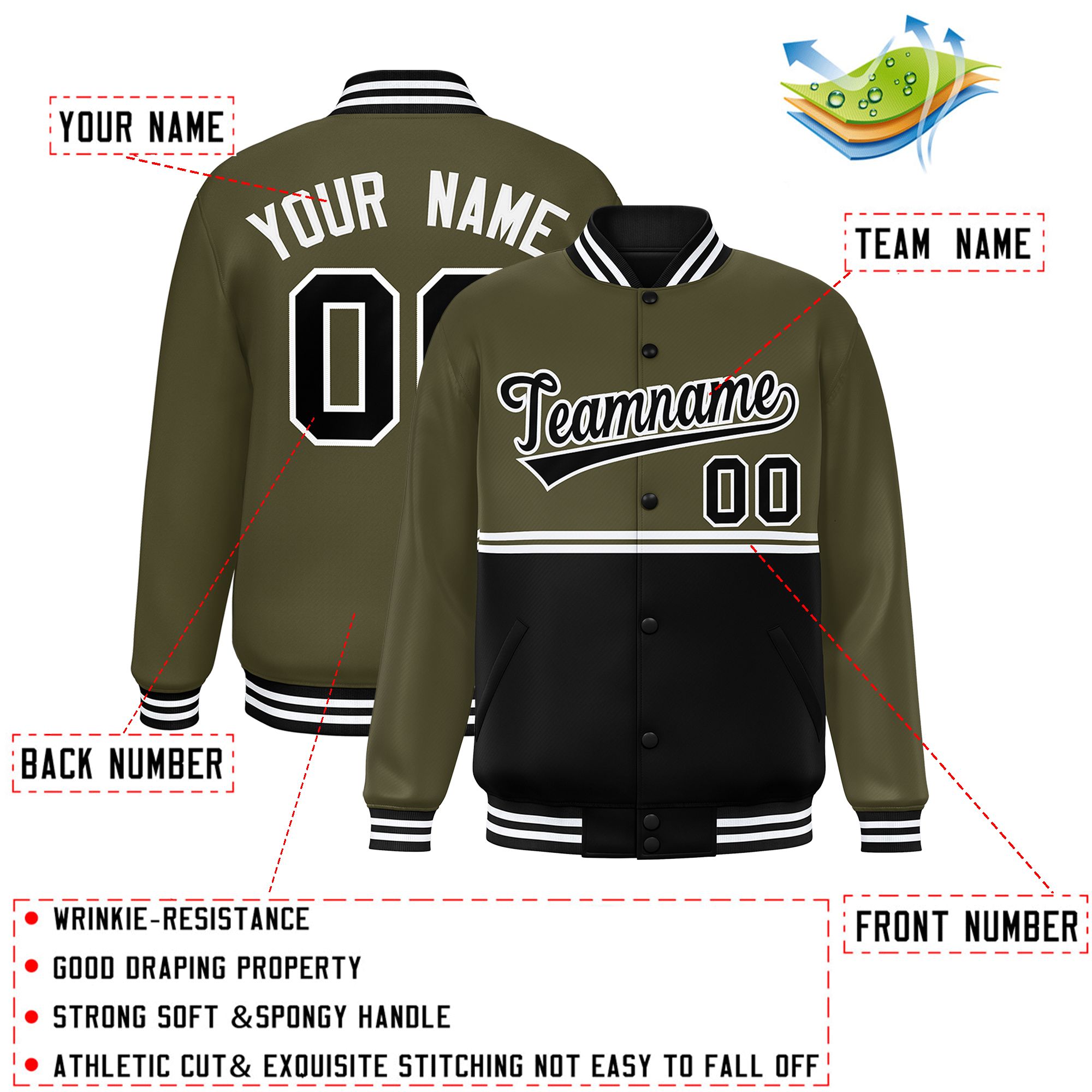 Custom Olive Black Varsity Full-Snap Color Block Letterman Jacket