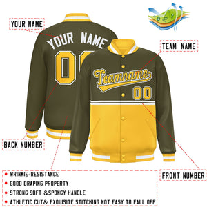 Custom Olive Gold Varsity Full-Snap Color Block Letterman Jacket