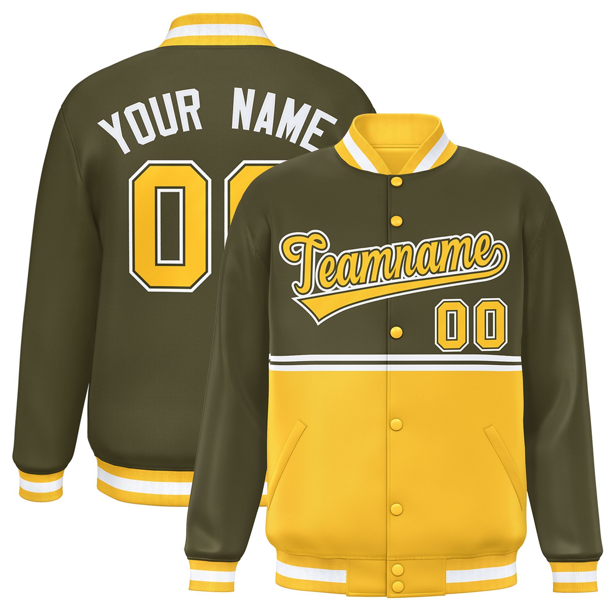 Custom Olive Gold Varsity Full-Snap Color Block Letterman Jacket