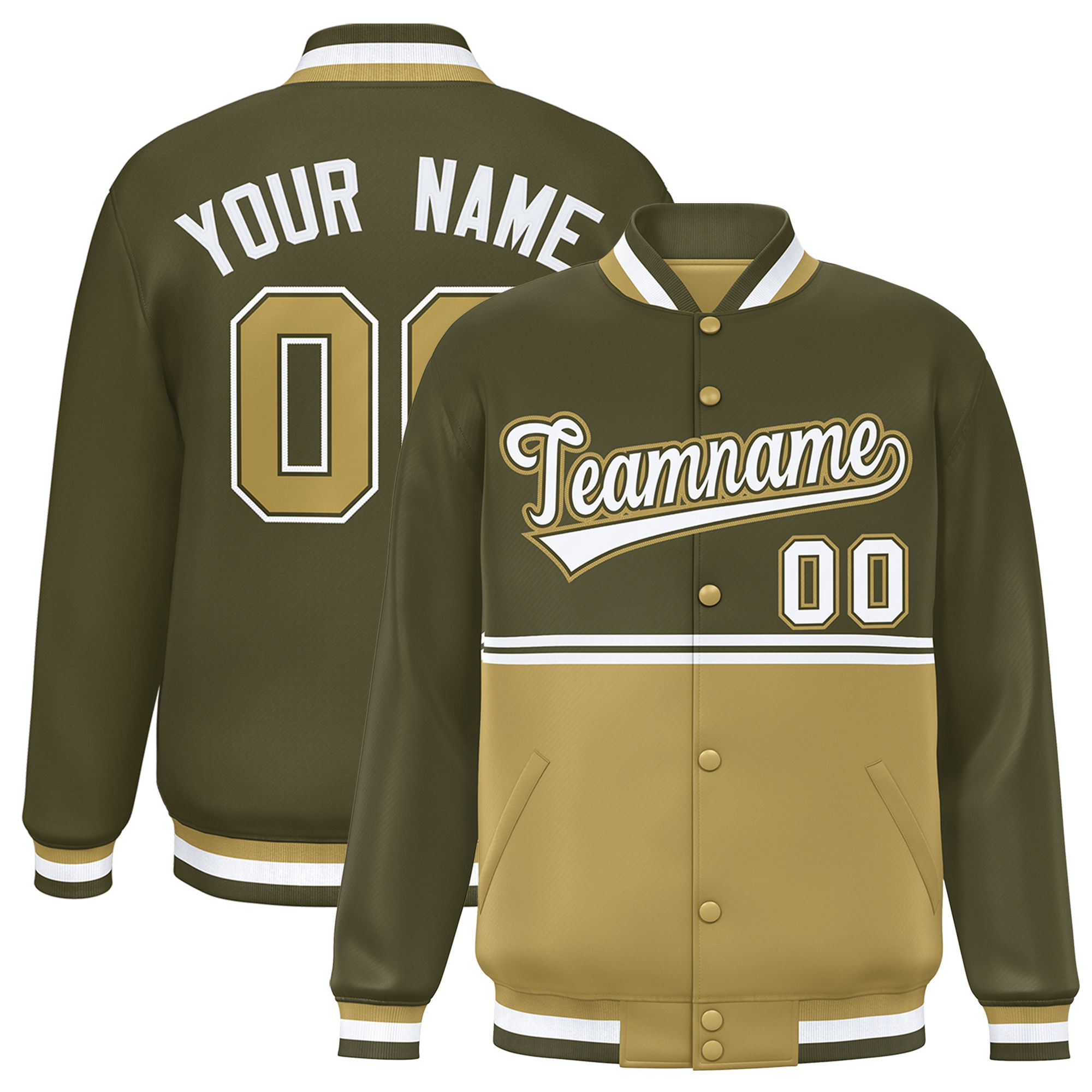 Custom Olive Desert Yellow Varsity Full-Snap Color Block Letterman Jacket