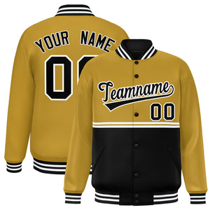 Custom Old Gold Black Varsity Full-Snap Color Block Letterman Jacket