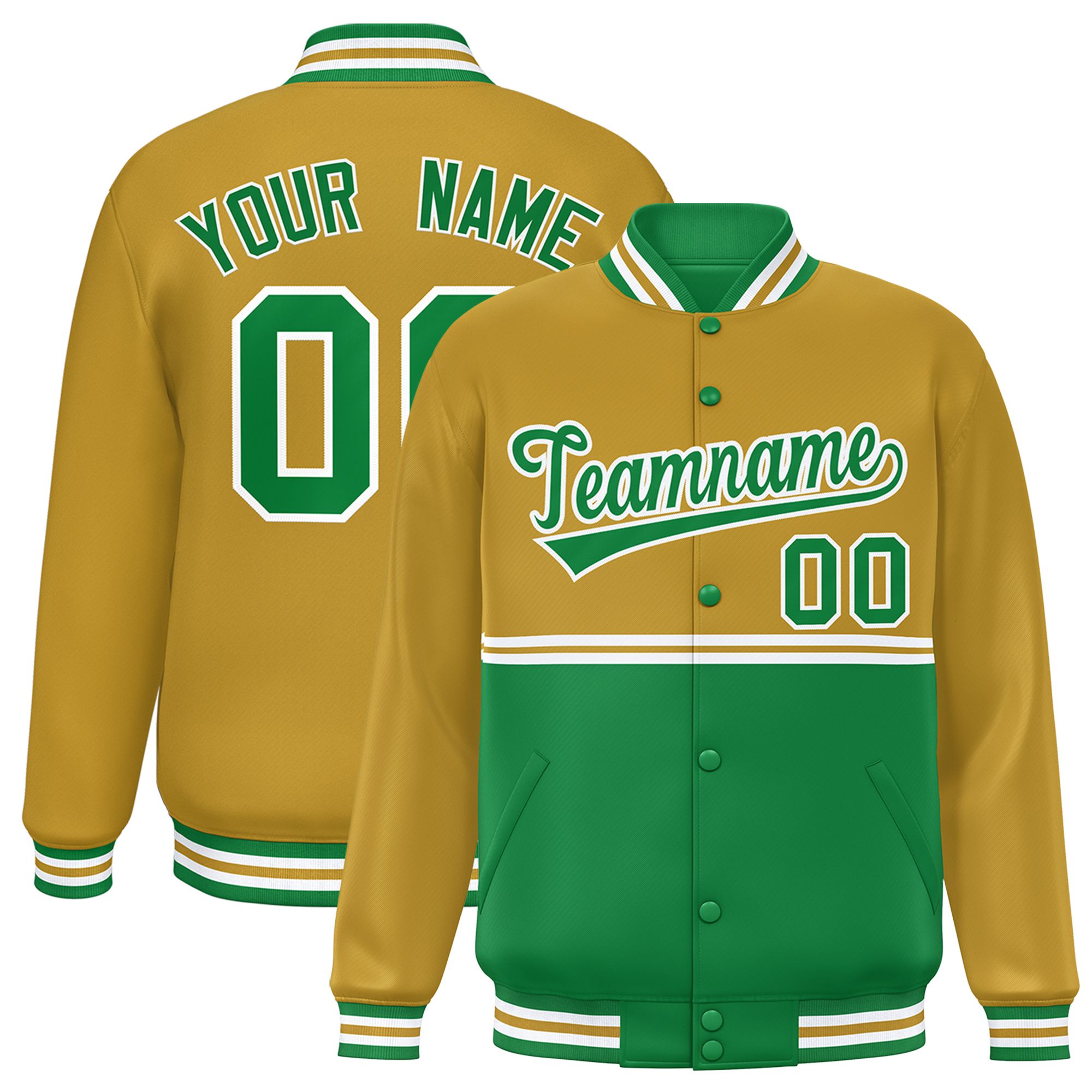 Custom Old Gold Kelly Green Varsity Full-Snap Color Block Letterman Jacket