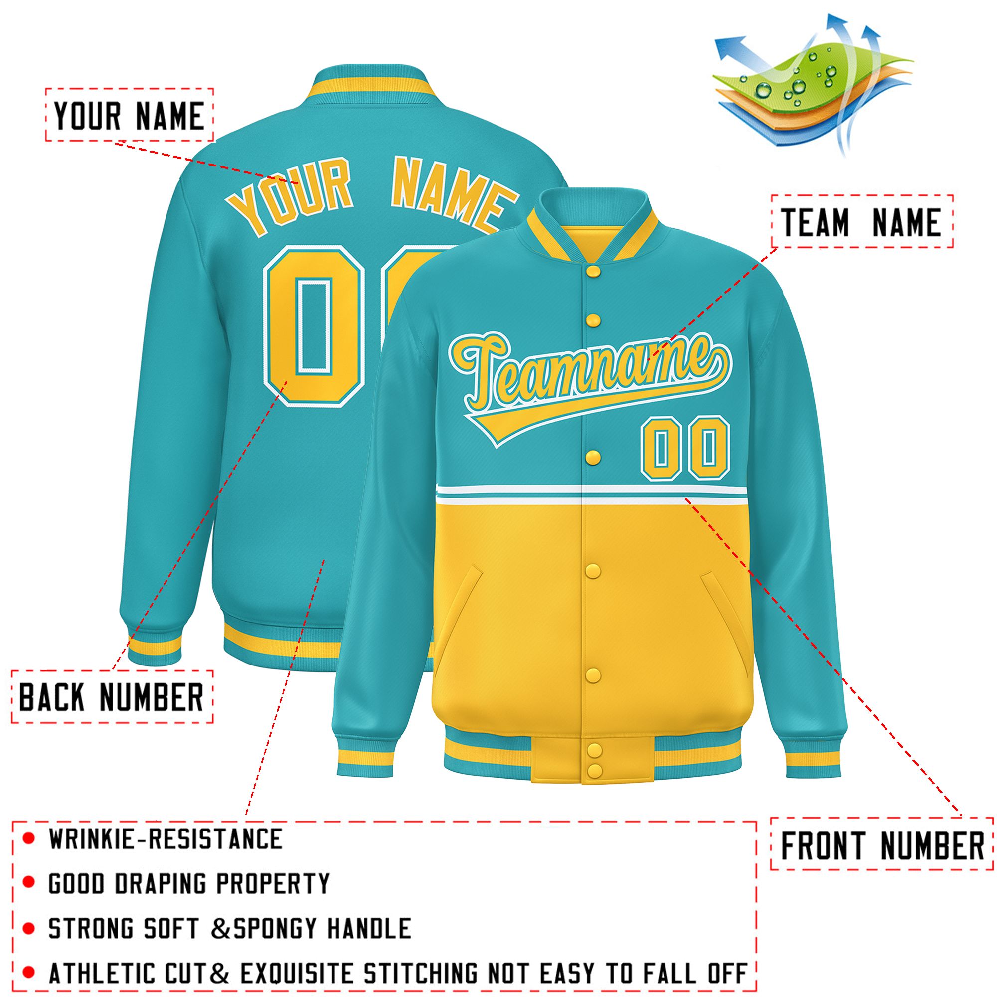 Custom Aqua Gold Varsity Full-Snap Color Block Letterman Jacket