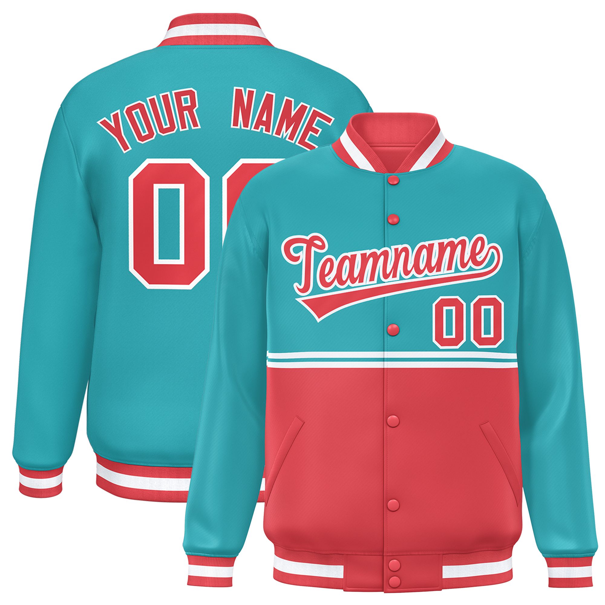 Custom Aqua Light Red Varsity Full-Snap Color Block Letterman Jacket