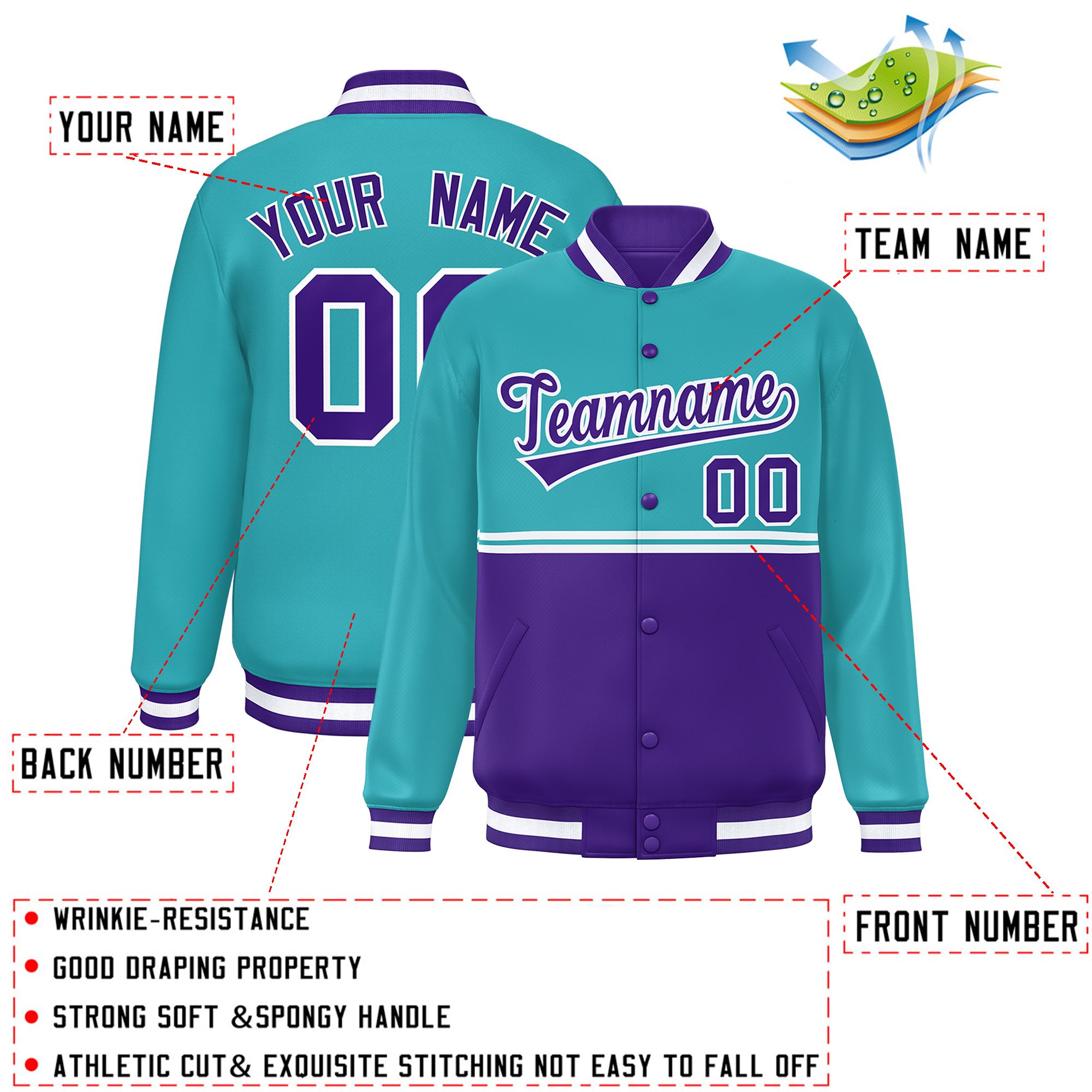 Custom Aqua Purple Varsity Full-Snap Color Block Letterman Jacket