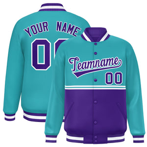 Custom Aqua Purple Varsity Full-Snap Color Block Letterman Jacket