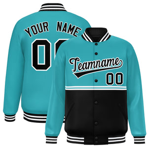 Custom Aqua Black Varsity Full-Snap Color Block Letterman Jacket