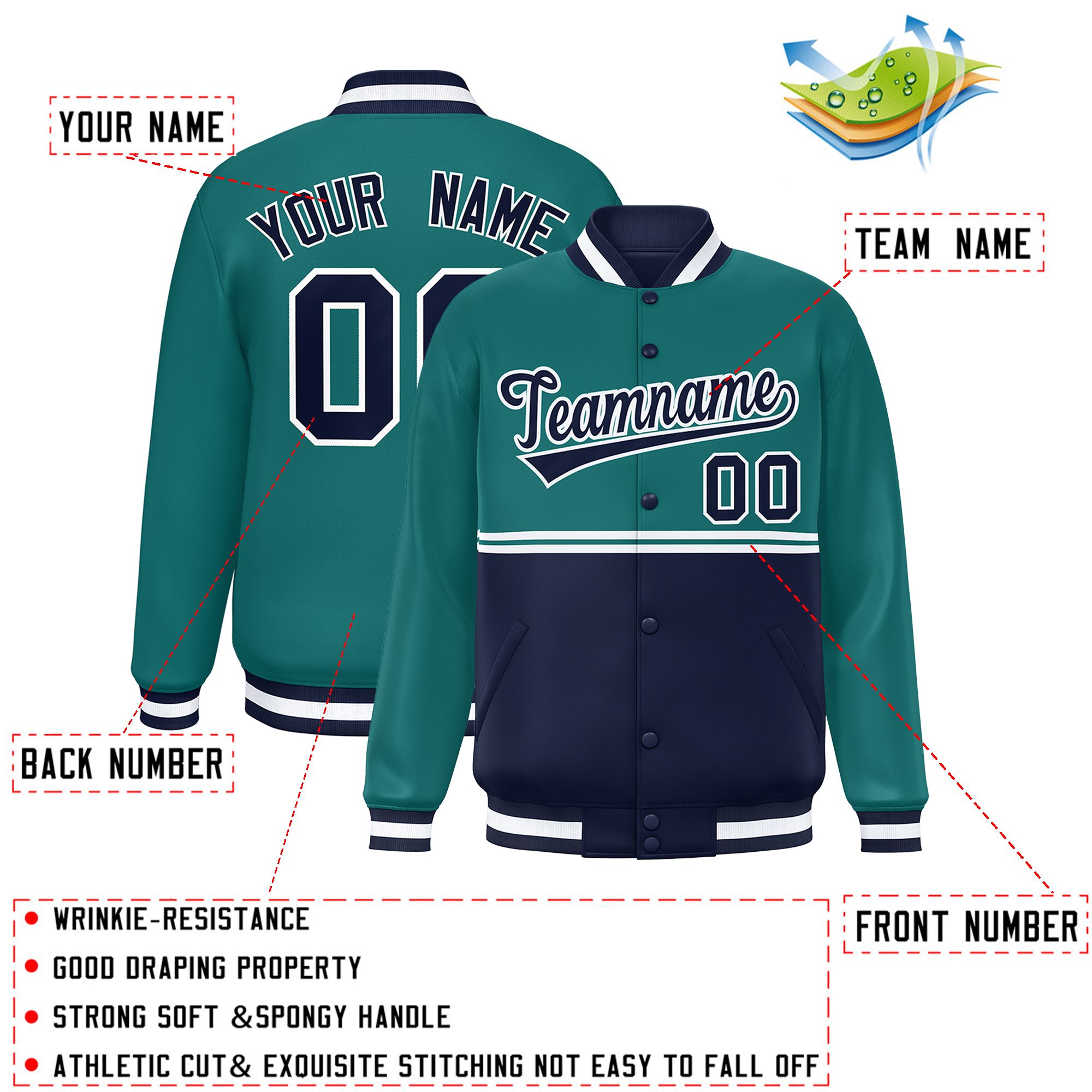 Custom Aqua Navy Varsity Full-Snap Color Block Letterman Jacket