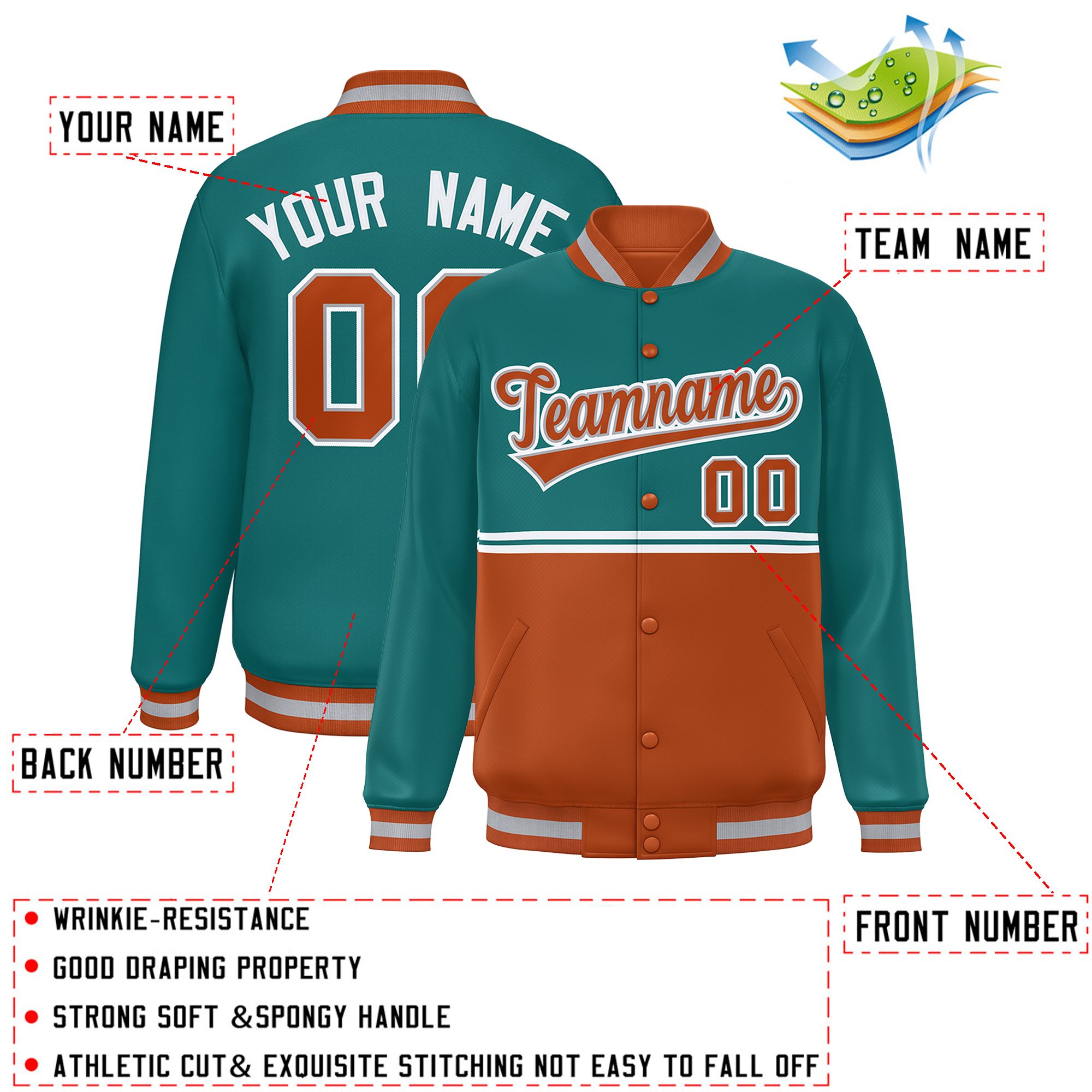 Custom Aqua Texas Orange Varsity Full-Snap Color Block Letterman Jacket