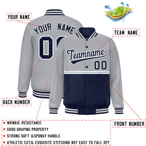 Custom Gray Navy Varsity Full-Snap Color Block Letterman Jacket