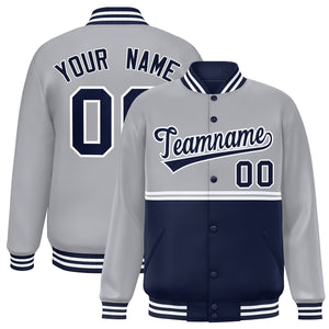 Custom Gray Navy Varsity Full-Snap Color Block Letterman Jacket