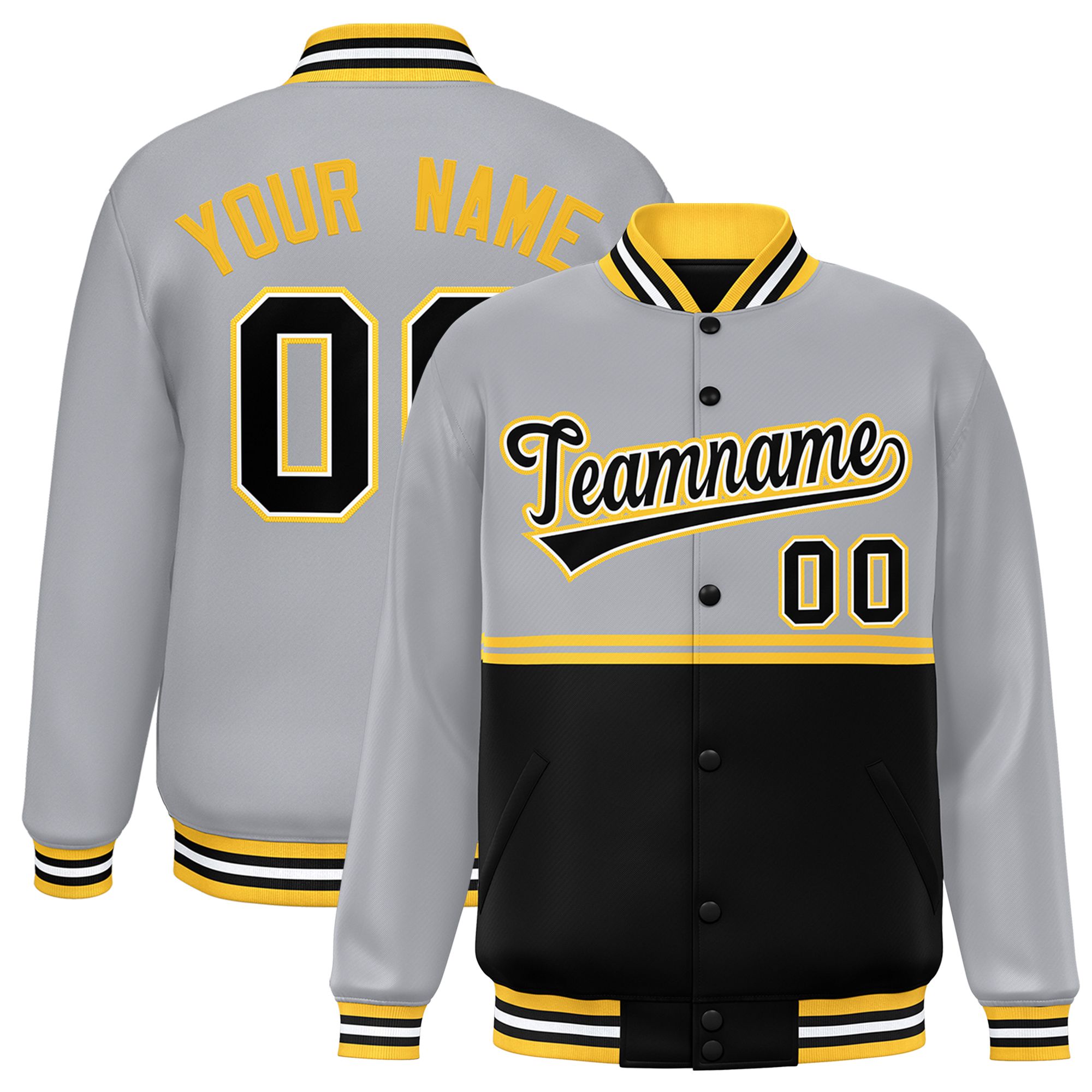 Custom Gray Black Varsity Full-Snap Color Block Letterman Jacket