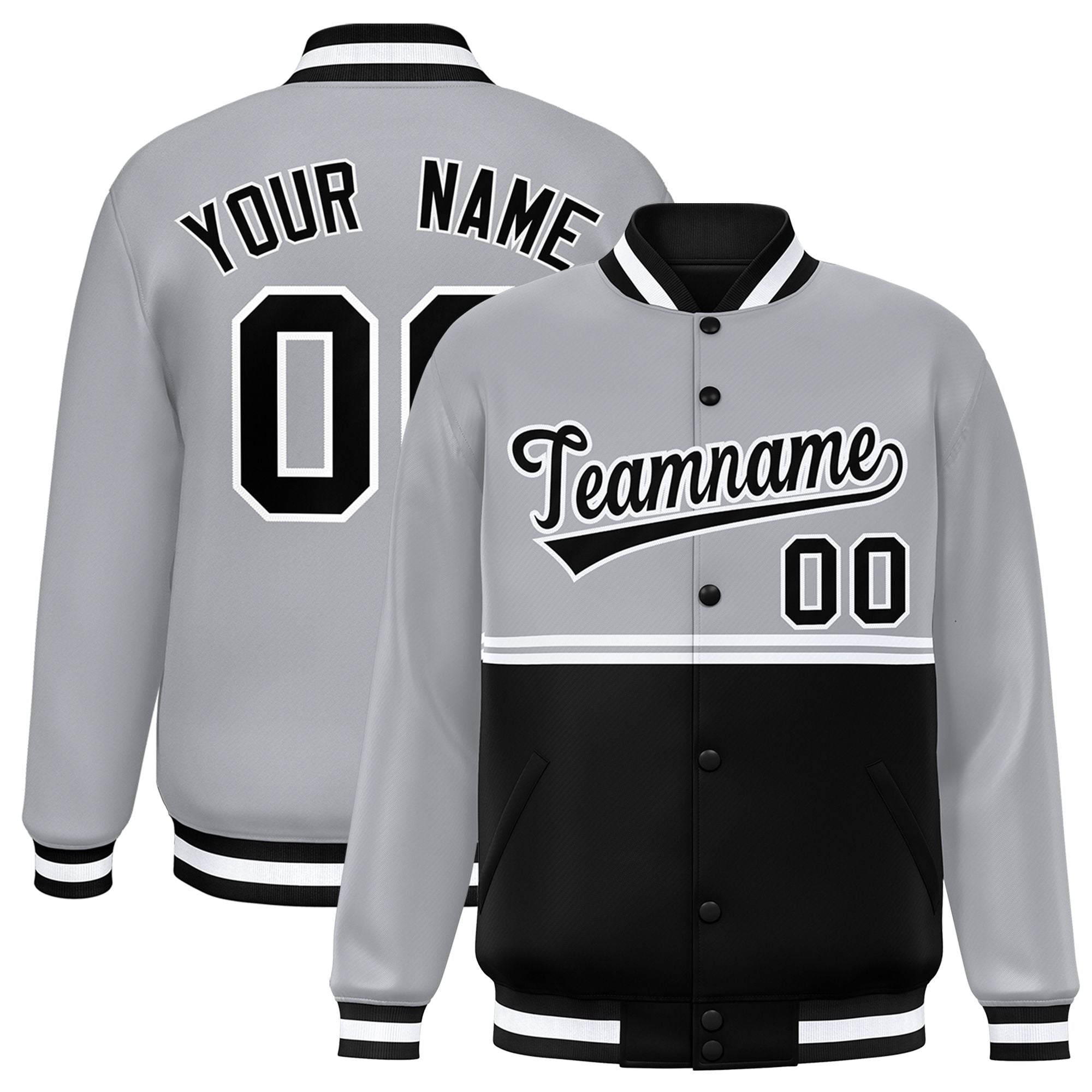 Custom Gray Black Varsity Full-Snap Color Block Letterman Jacket