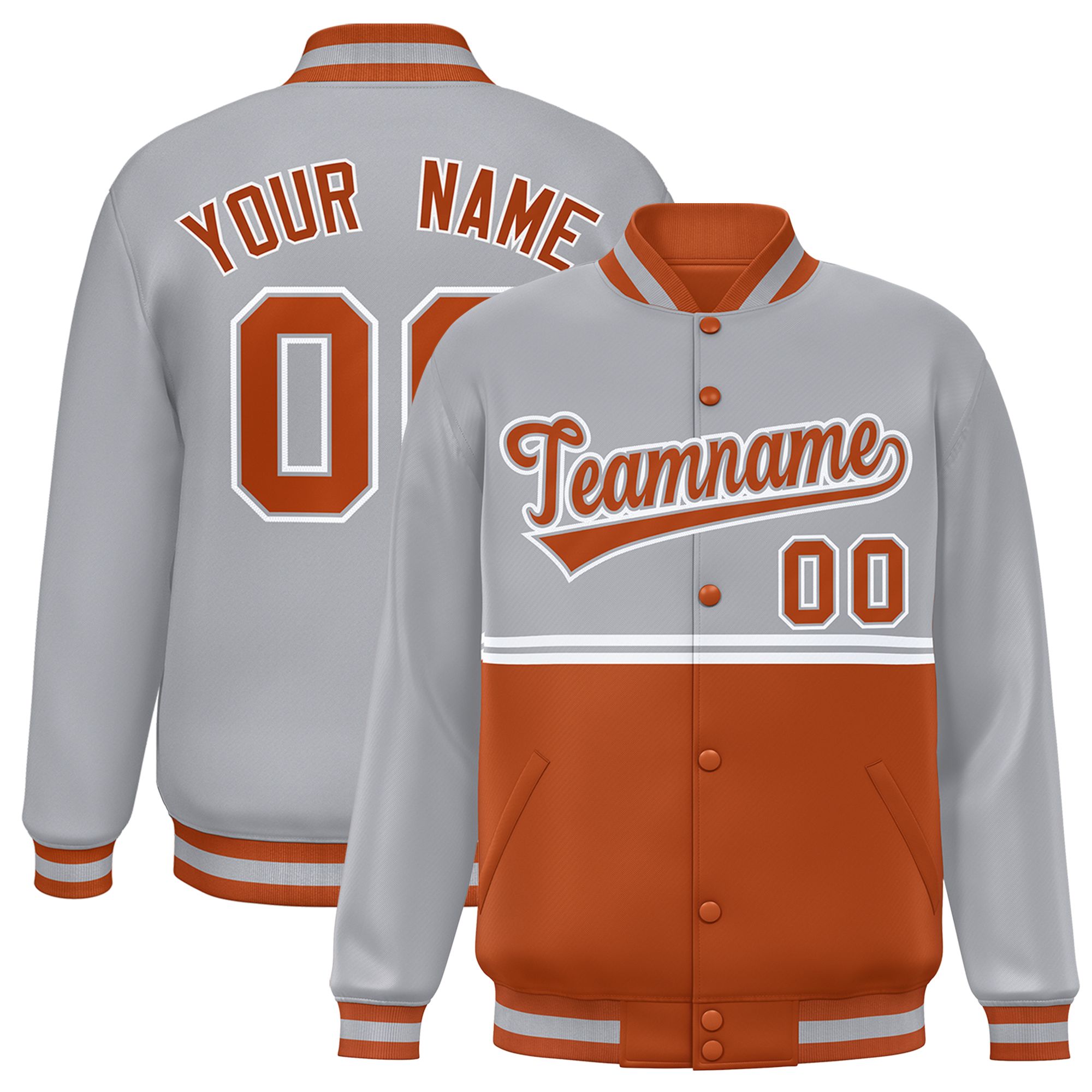 Custom Gray Texas Orange Varsity Full-Snap Color Block Letterman Jacket