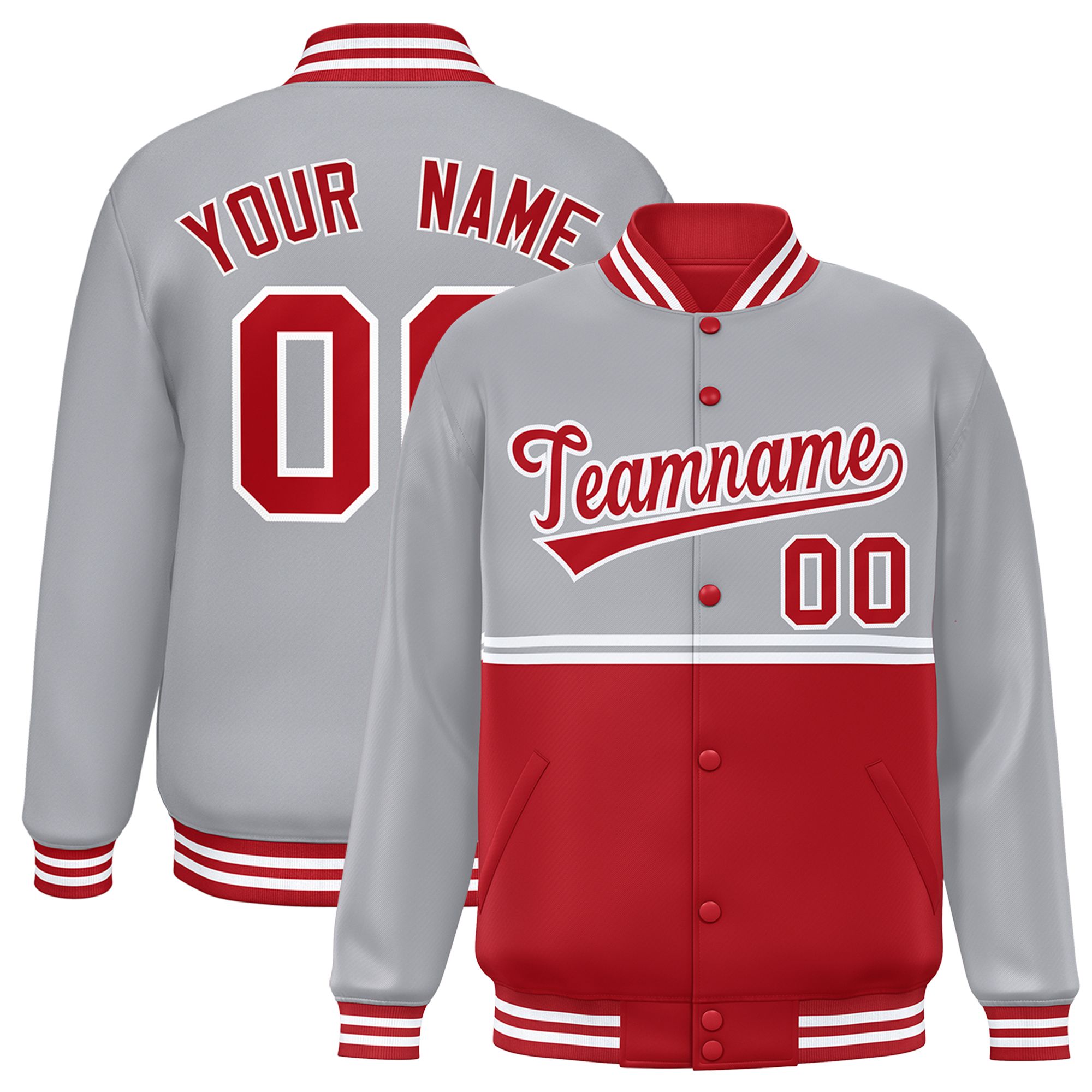 Custom Gray Red Varsity Full-Snap Color Block Letterman Jacket