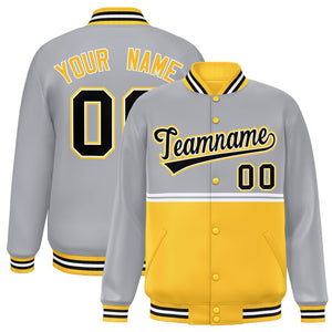 Custom Gray Gold Varsity Full-Snap Color Block Letterman Jacket