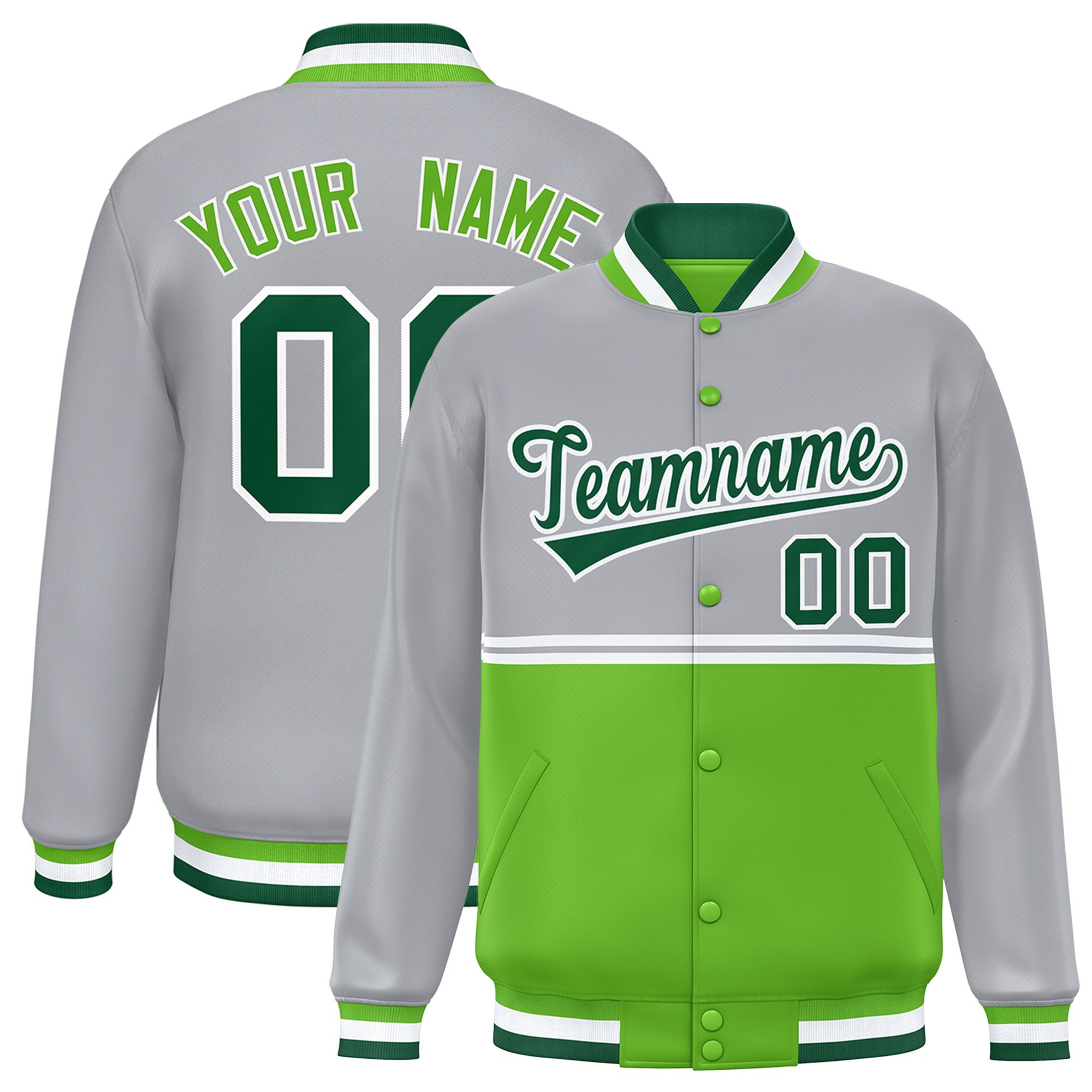 Custom Gray Green Varsity Full-Snap Color Block Letterman Jacket