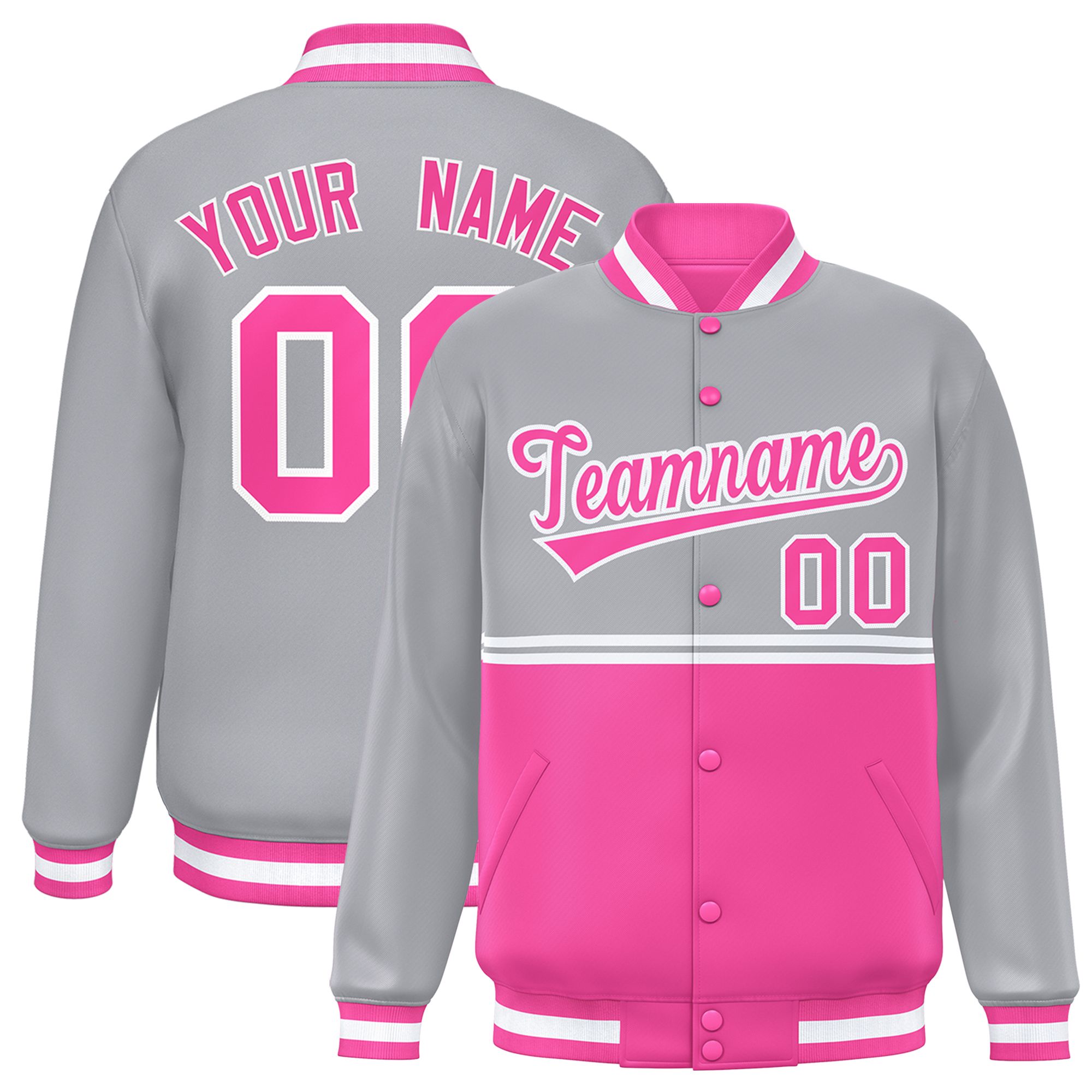 Custom Gray Pink Varsity Full-Snap Color Block Letterman Jacket