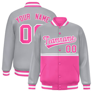 Custom Gray Pink Varsity Full-Snap Color Block Letterman Jacket