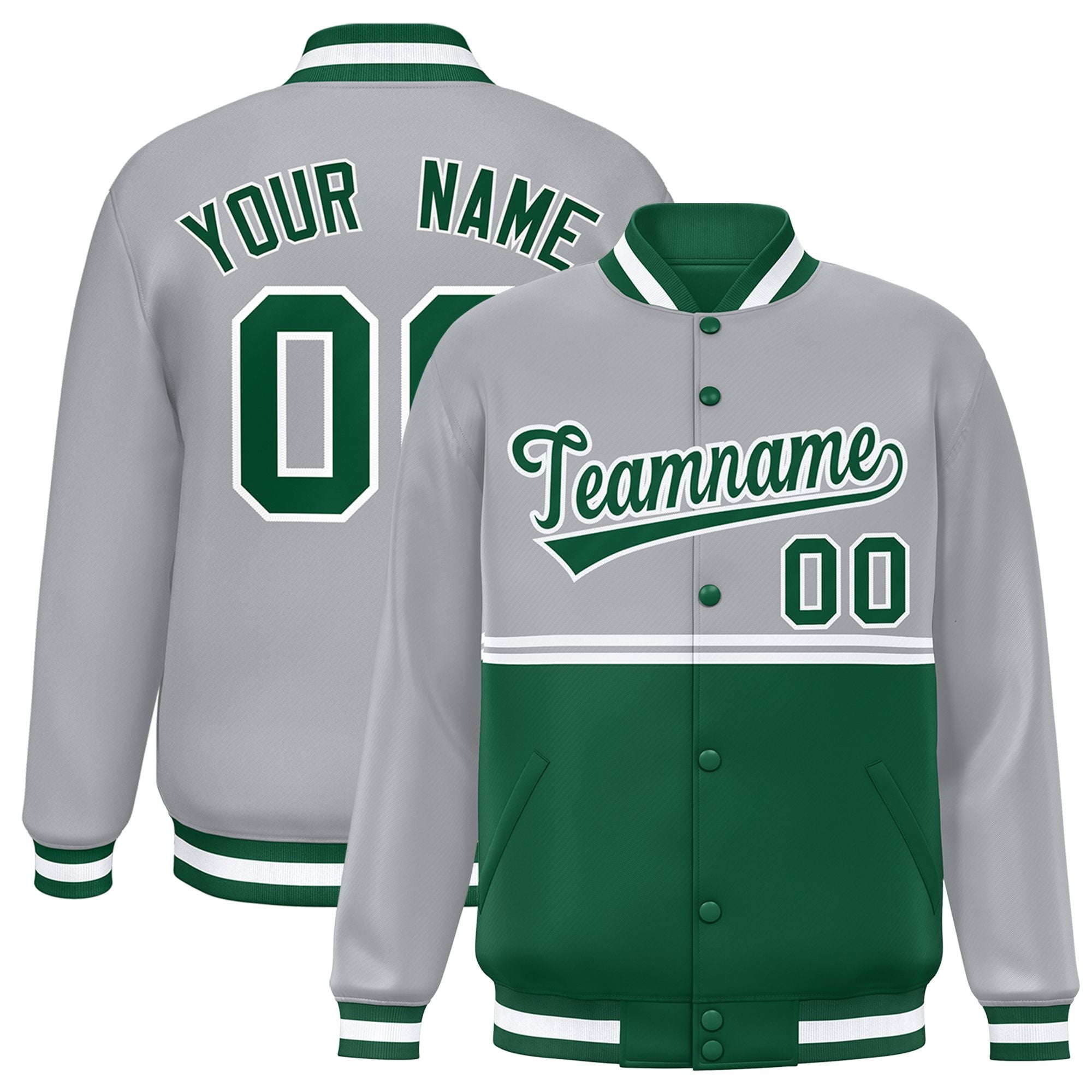 Custom Gray Green Varsity Full-Snap Color Block Letterman Jacket