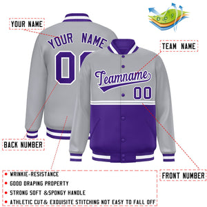 Custom Gray Purple Varsity Full-Snap Color Block Letterman Jacket