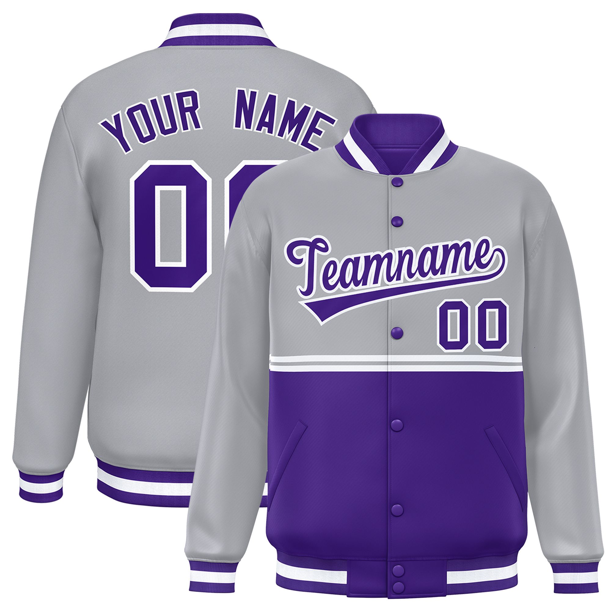 Custom Gray Purple Varsity Full-Snap Color Block Letterman Jacket