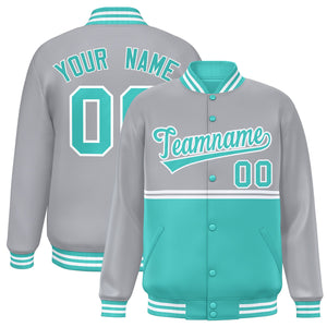 Custom Gray Bright Green Varsity Full-Snap Color Block Letterman Jacket