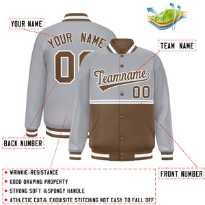 Custom Gray Light Brown Varsity Full-Snap Color Block Letterman Jacket