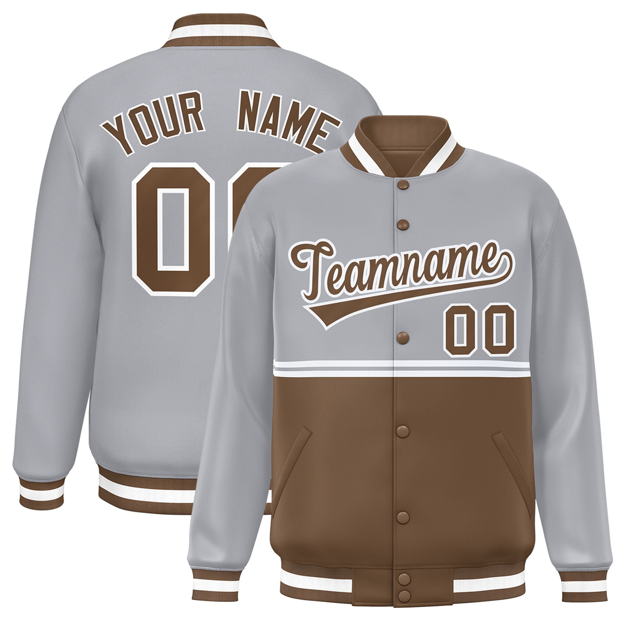 Custom Gray Light Brown Varsity Full-Snap Color Block Letterman Jacket