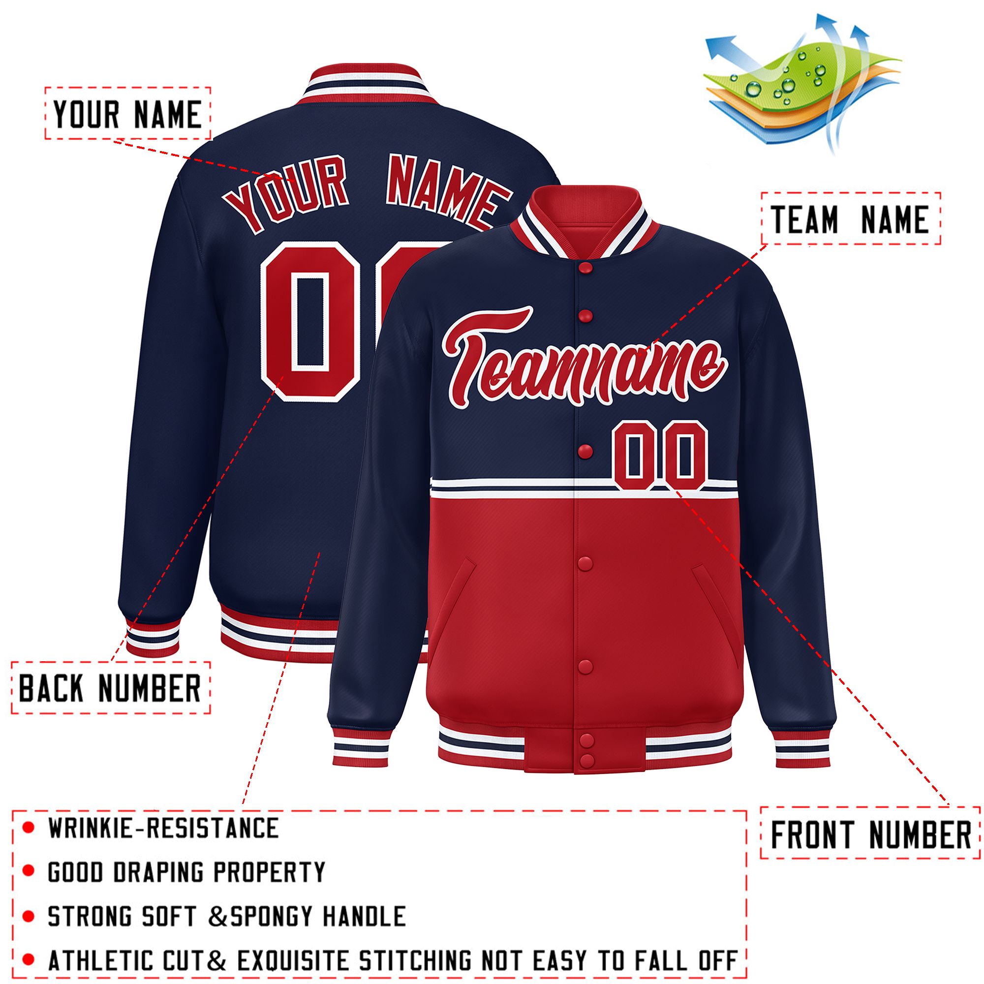 Custom Navy Red Varsity Full-Snap Color Block Letterman Jacket