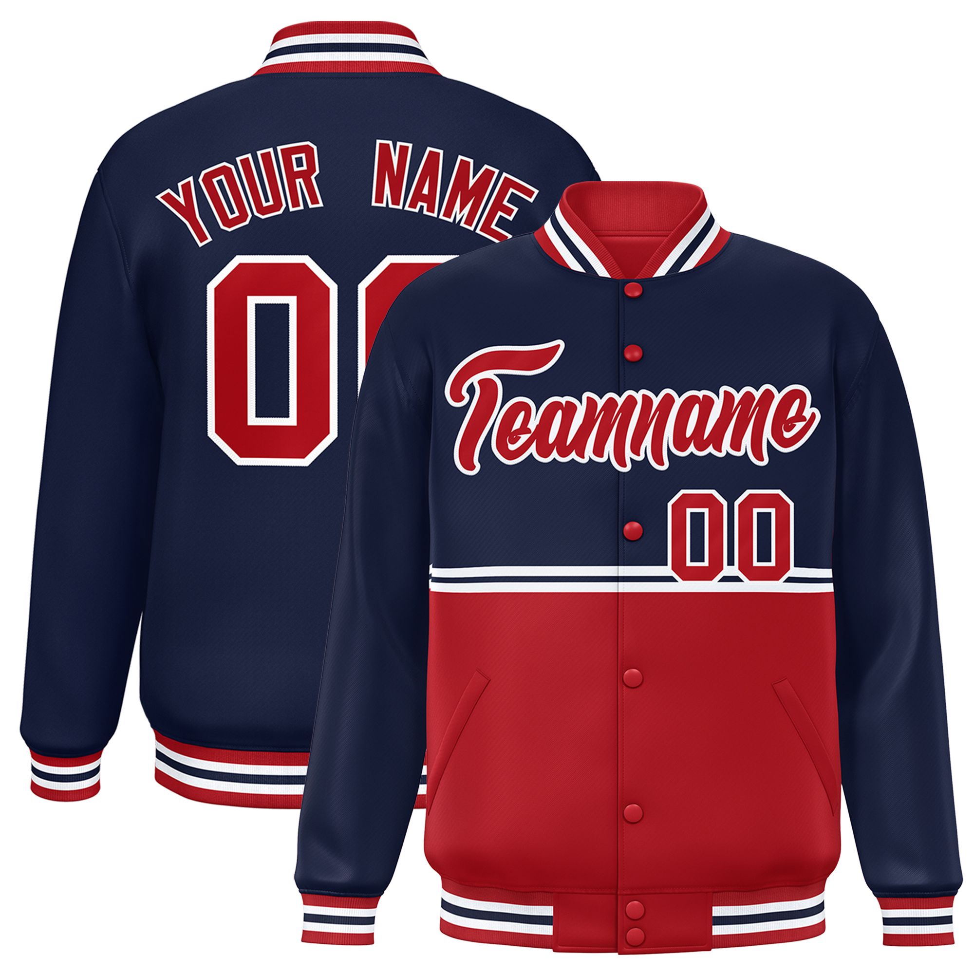 Custom Navy Red Varsity Full-Snap Color Block Letterman Jacket