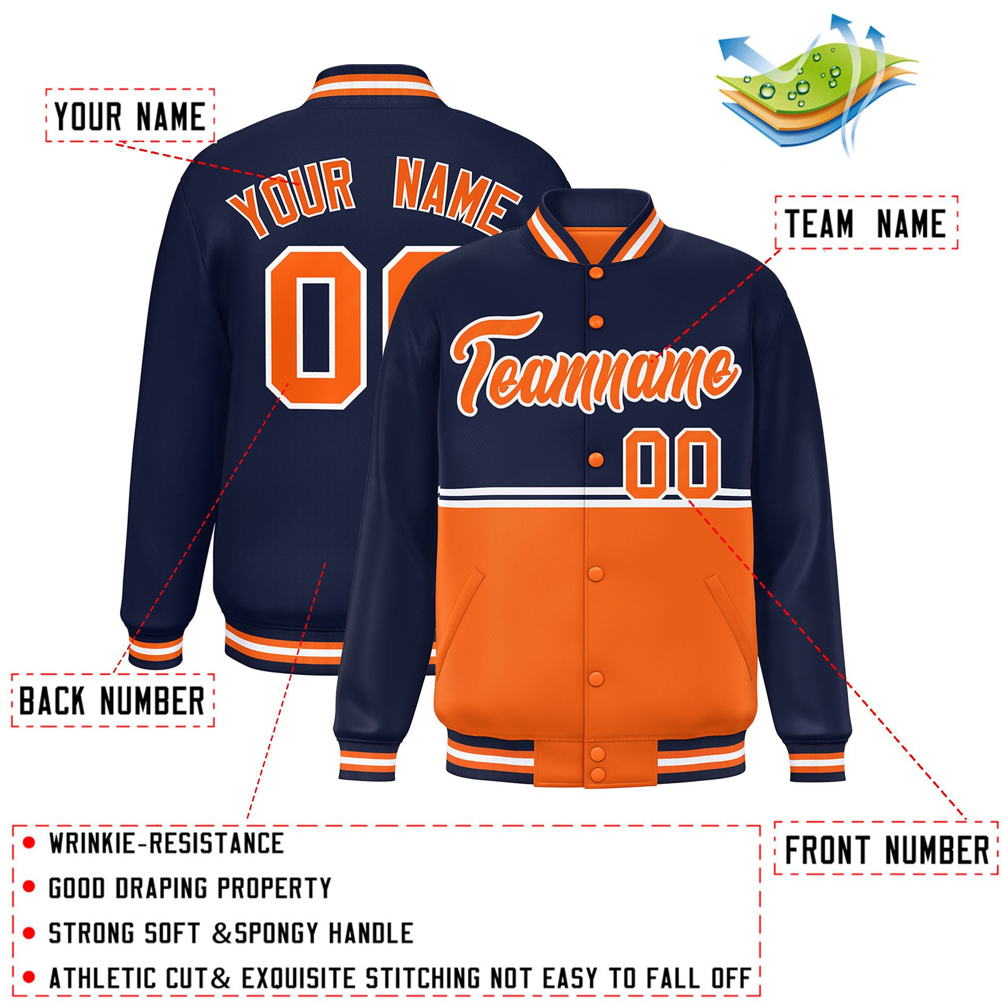 Custom Navy Orange Varsity Full-Snap Color Block Letterman Jacket