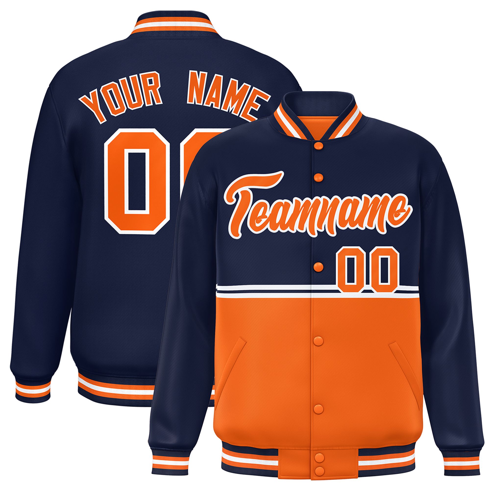 Custom Navy Orange Varsity Full-Snap Color Block Letterman Jacket