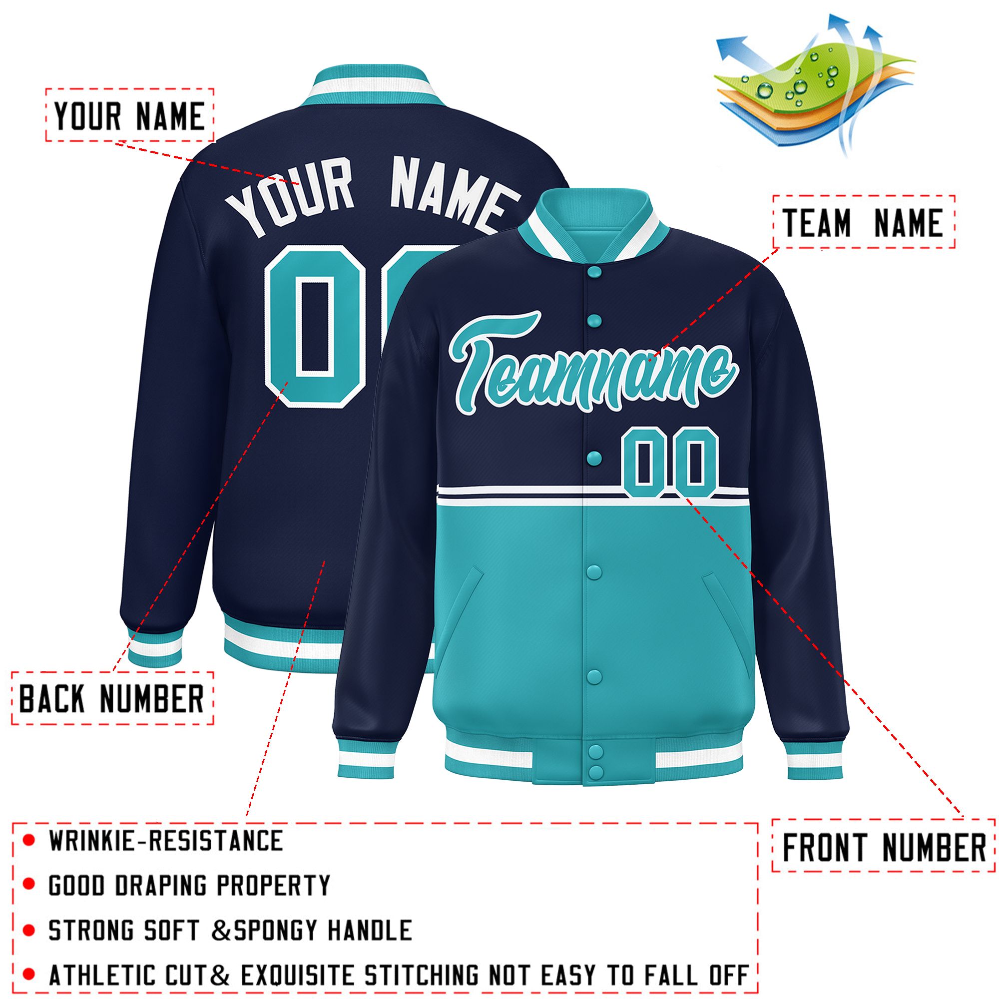 Custom Navy Aqua Varsity Full-Snap Color Block Letterman Jacket