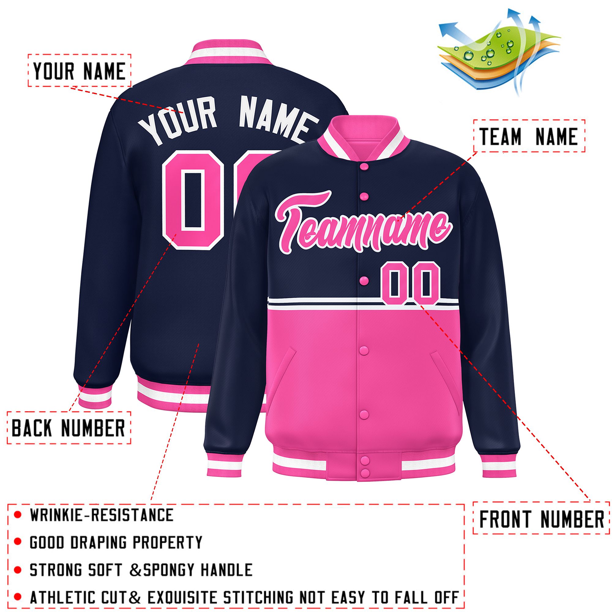 Custom Navy Pink Varsity Full-Snap Color Block Letterman Jacket