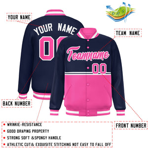 Custom Navy Pink Varsity Full-Snap Color Block Letterman Jacket