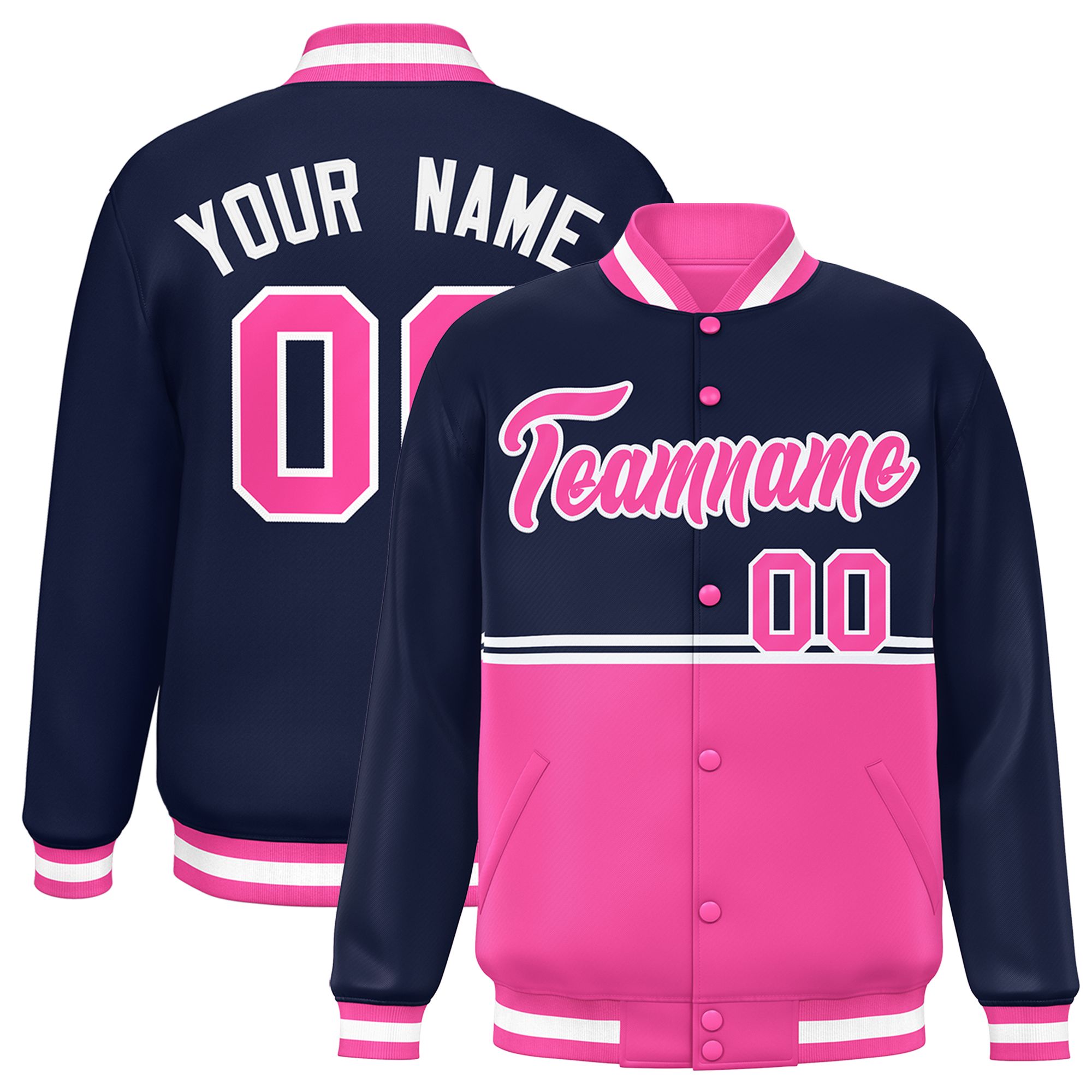 Custom Navy Pink Varsity Full-Snap Color Block Letterman Jacket