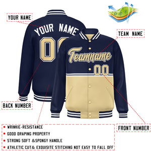 Custom Navy Khaki Varsity Full-Snap Color Block Letterman Jacket