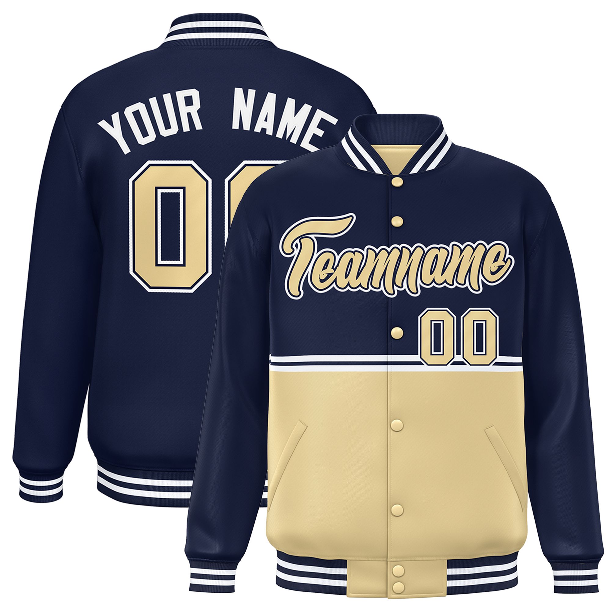 Custom Navy Khaki Varsity Full-Snap Color Block Letterman Jacket