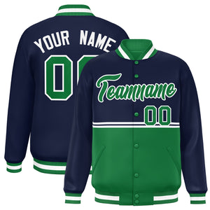 Custom Navy Kelly Green Varsity Full-Snap Color Block Letterman Jacket