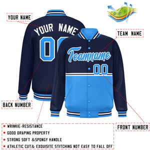 Custom Navy Powder Blue Varsity Full-Snap Color Block Letterman Jacket